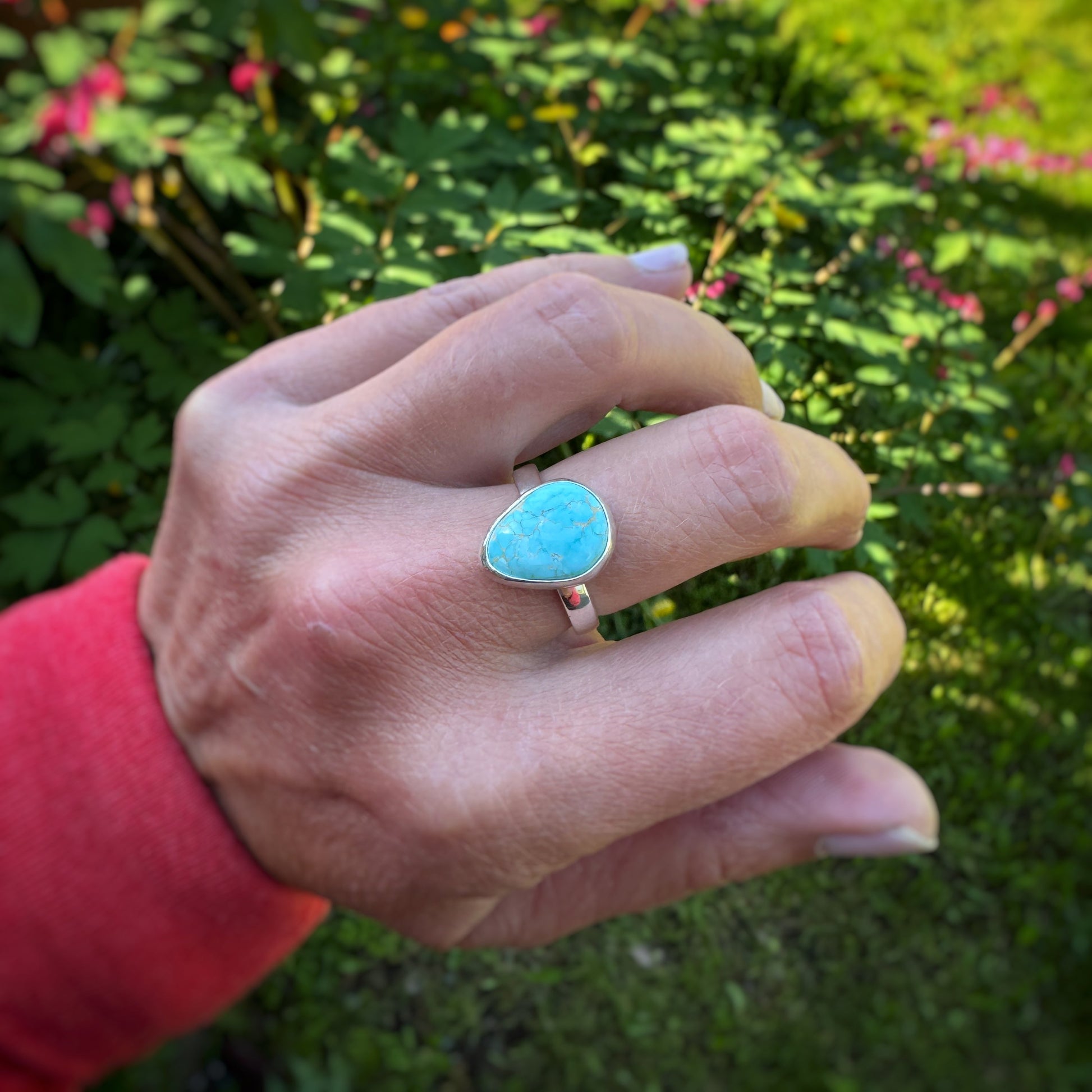 Sonoran Gold turquoise ring in plain bezel setting, solid sterling silver 8-gauge band, size 8.25 to 8.5, worn on hand outdoors